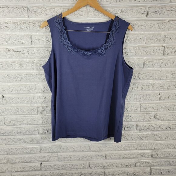 Coldwater Creek Women Top Extra Large Tank Blue Lace Neckline BLU168E - Picture 1 of 7